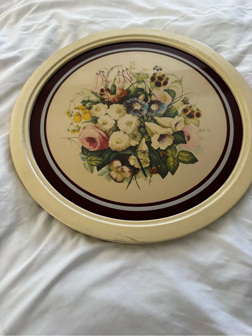 Floral IBF Co Round Wall Plaque in Cream and Burgundy
